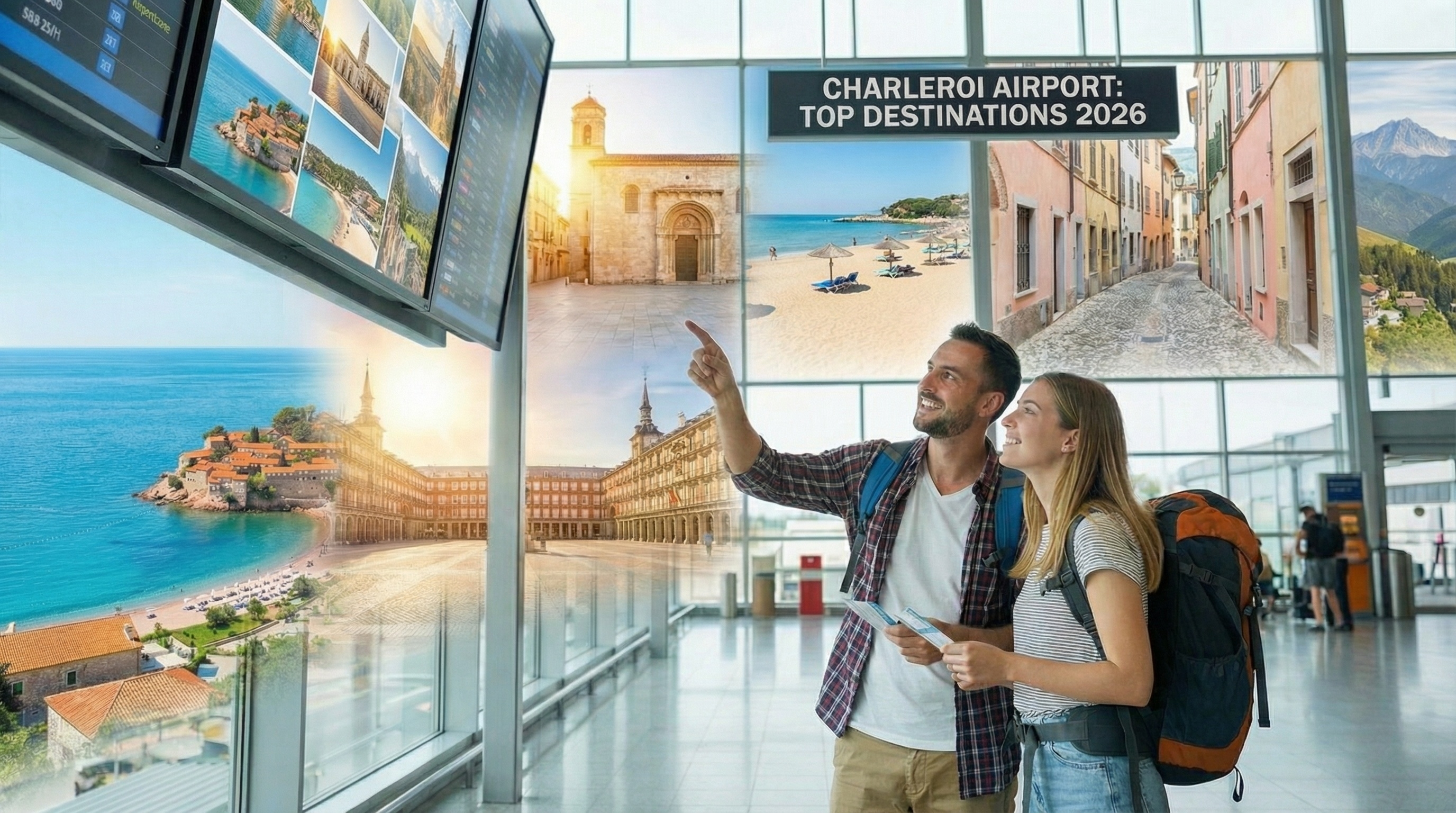 Voyageurs consultant les destinations au départ de Charleroi Airport