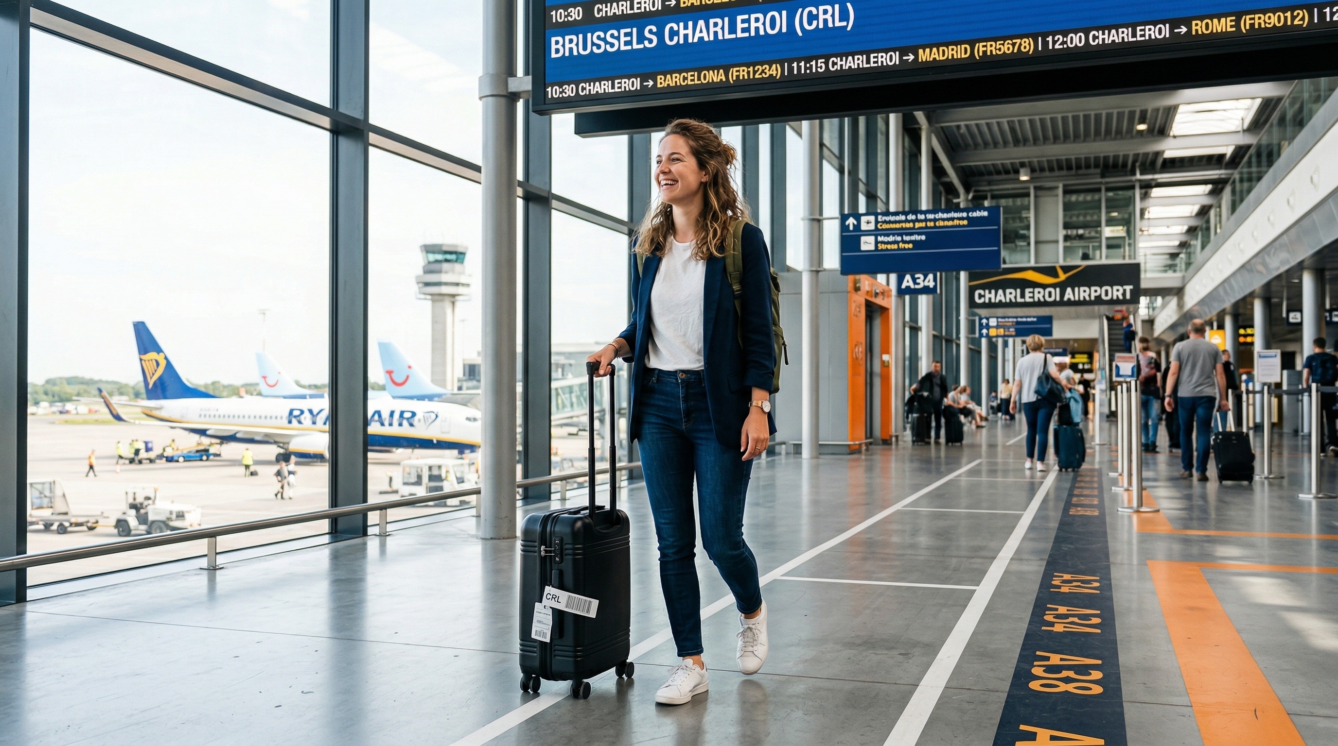 Voyageuse avec valise dans le terminal de Brussels South Charleroi Airport